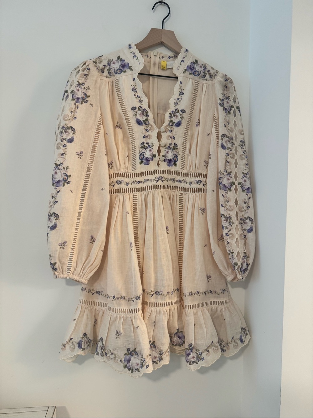 Zimmermann Cream Mini Dress with Lavender Floral Embroidery